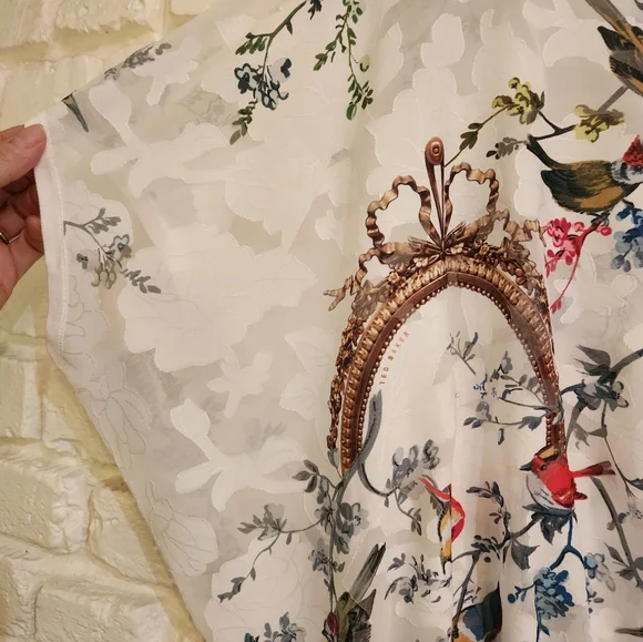 Ted Baker White Multicolor Bird Print Blouse Sz 1 - Picture 3 of 6